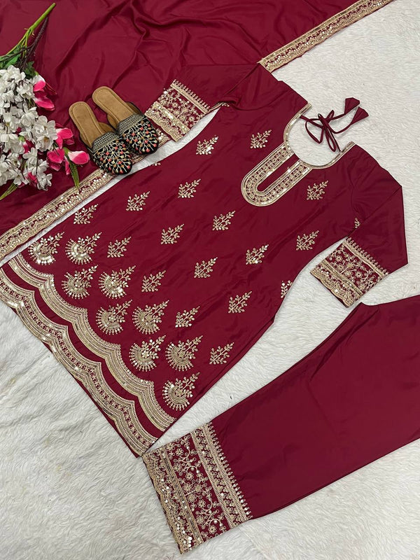 Stunning Maroon Color Natural Crepe Silk With Embroidery Coding Sequence Work Salwar Suit