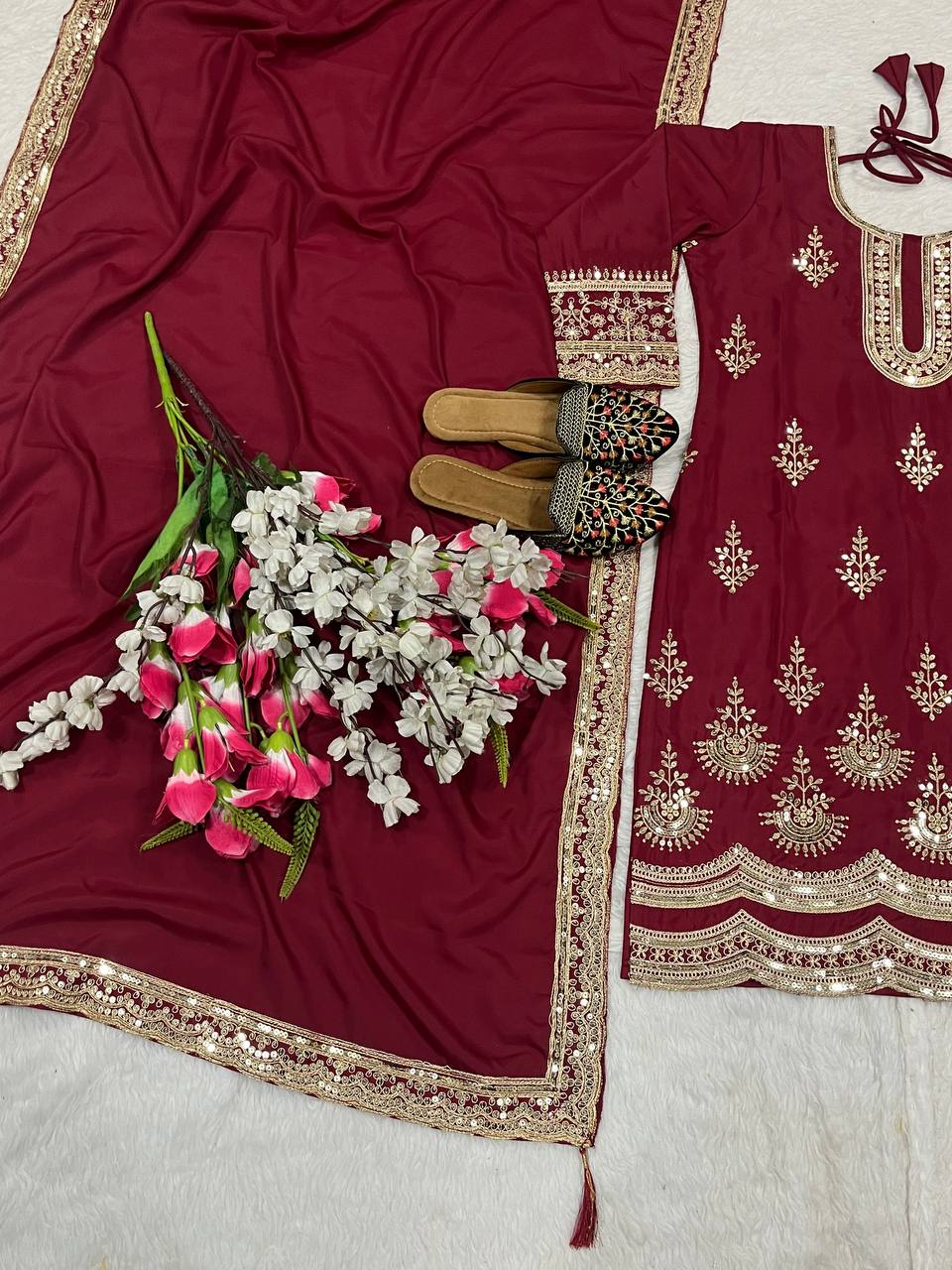 Stunning Maroon Color Natural Crepe Silk With Embroidery Coding Sequence Work Salwar Suit