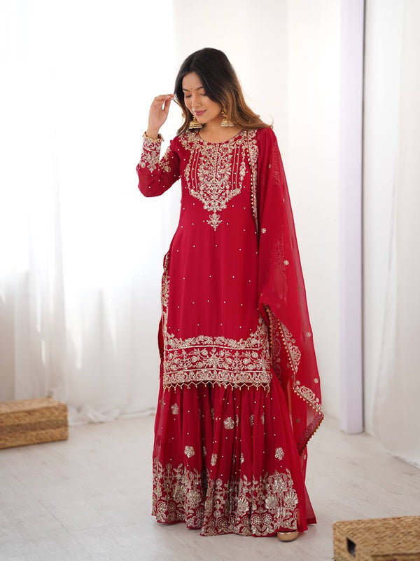 Arti Chauhan's Red Color Embroidery Work Sharara Suit
