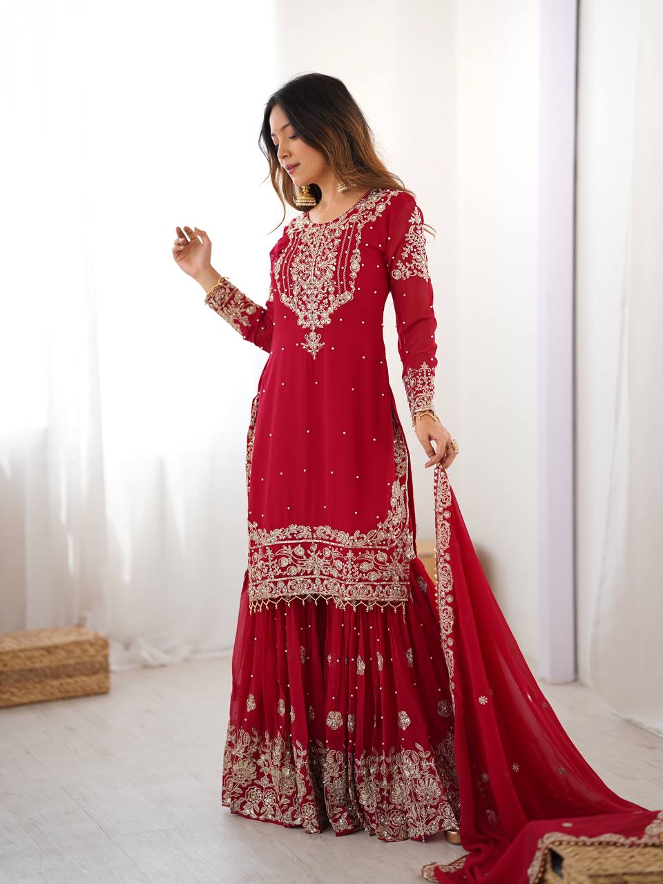 Arti Chauhan's Red Color Embroidery Work Sharara Suit
