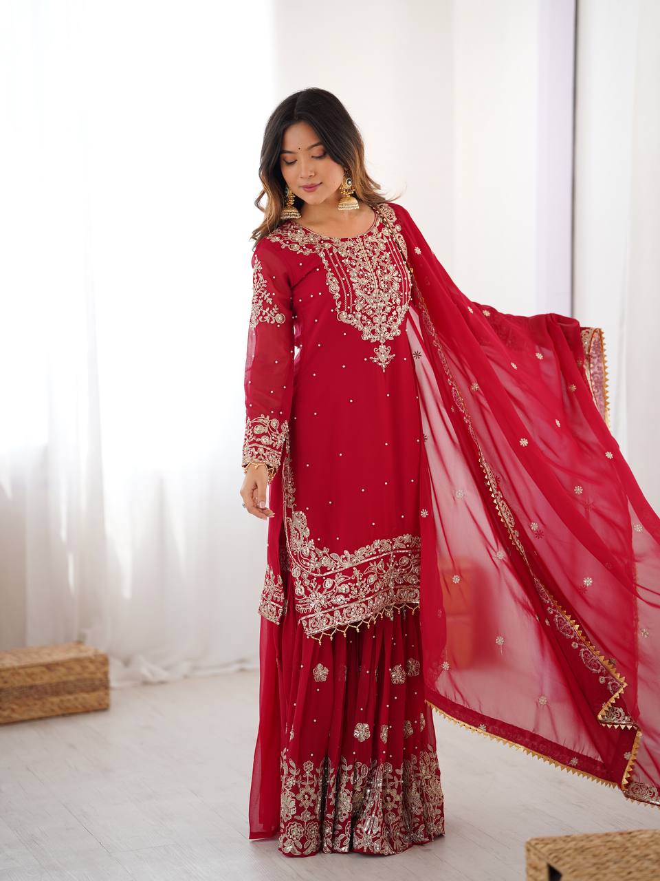 Arti Chauhan's Red Color Embroidery Work Sharara Suit