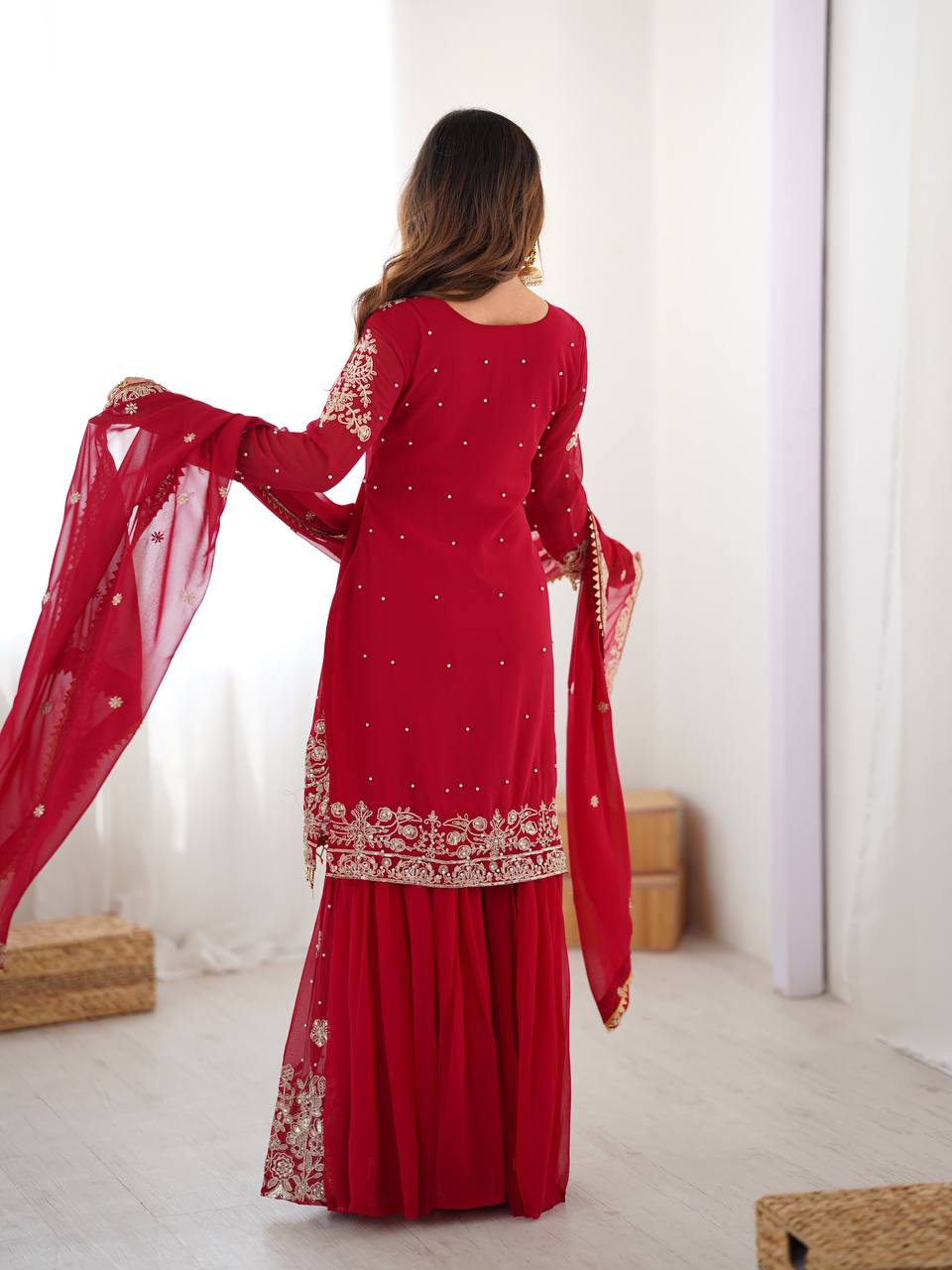 Arti Chauhan's Red Color Embroidery Work Sharara Suit