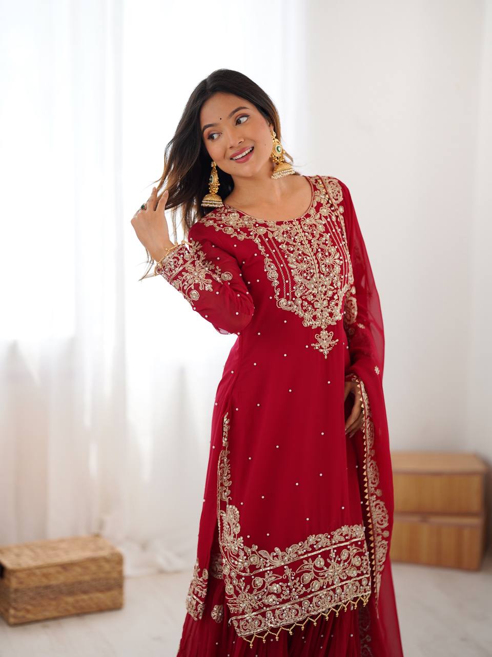 Arti Chauhan's Red Color Embroidery Work Sharara Suit