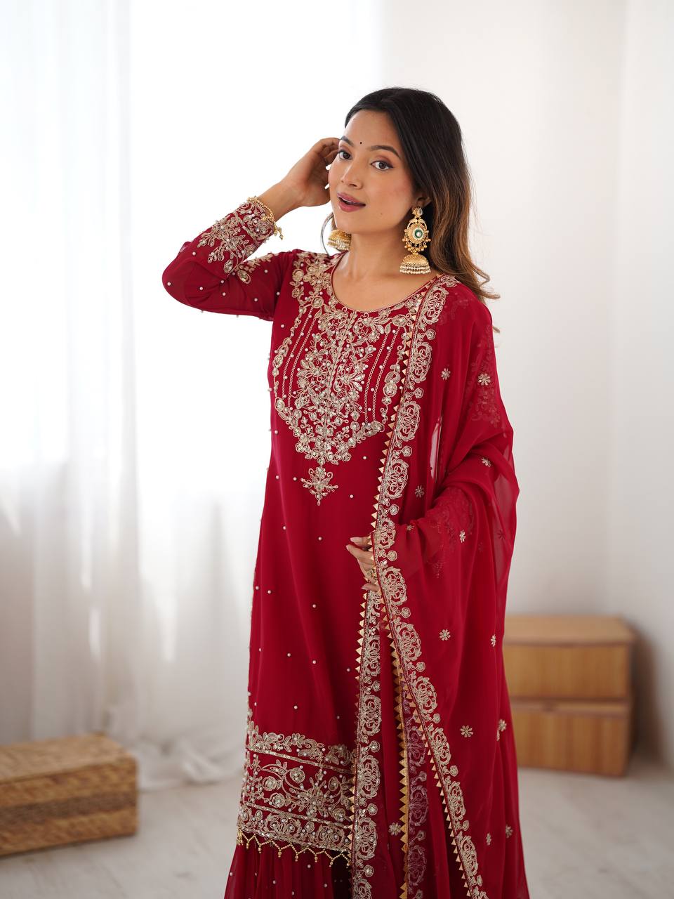 Arti Chauhan's Red Color Embroidery Work Sharara Suit