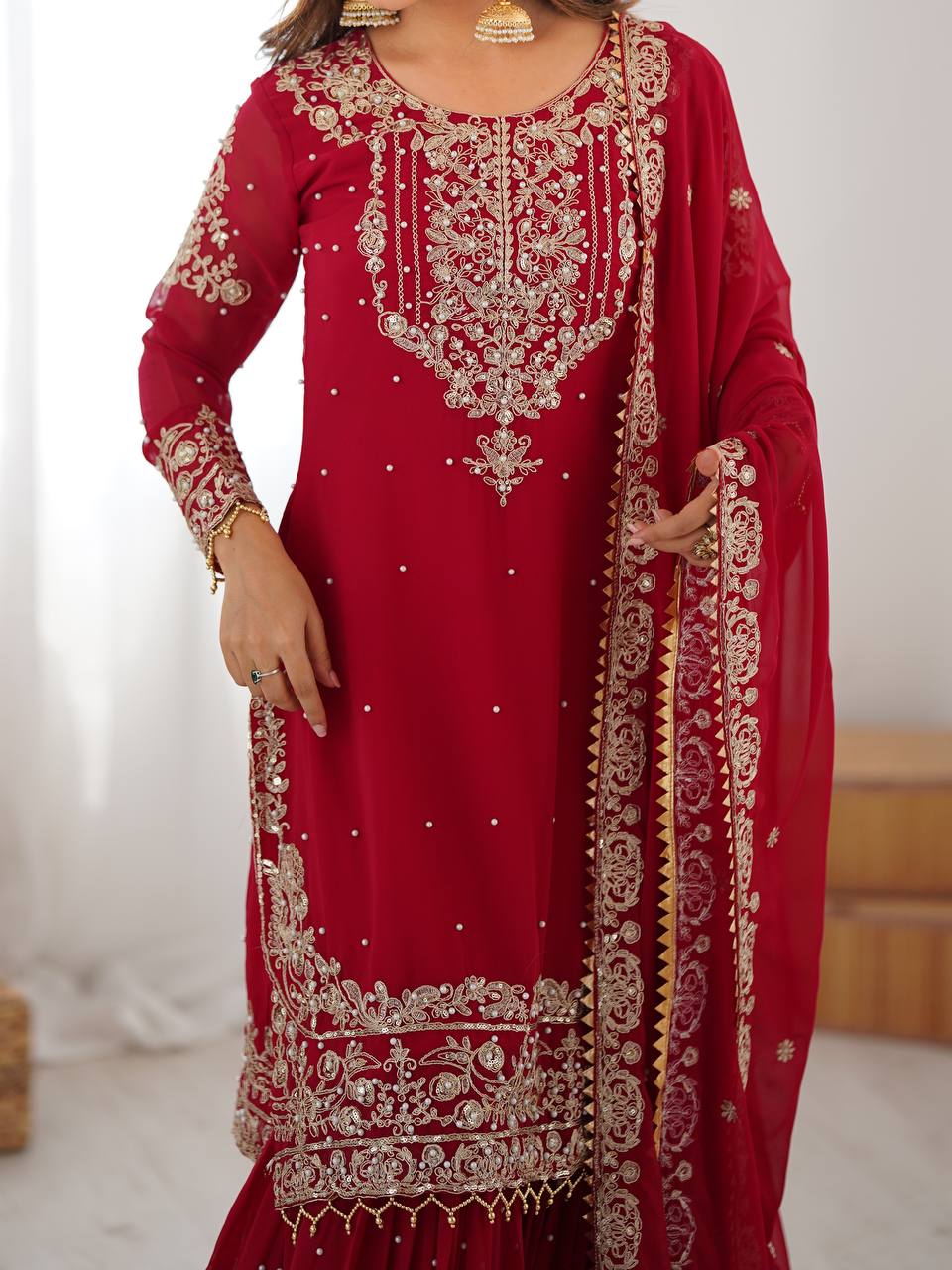 Arti Chauhan's Red Color Embroidery Work Sharara Suit