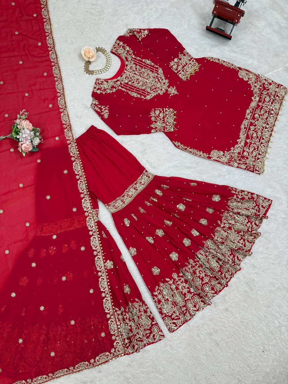 Arti Chauhan's Red Color Embroidery Work Sharara Suit