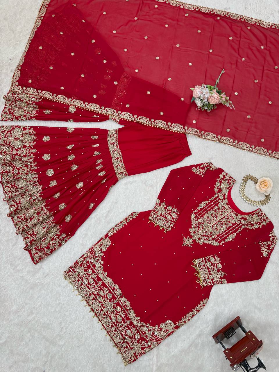 Arti Chauhan's Red Color Embroidery Work Sharara Suit