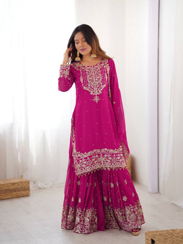 Arti Chauhan's Pink Color Embroidery Work Sharara Suit