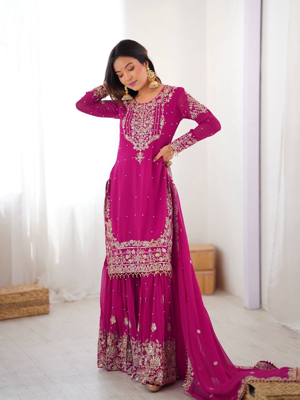 Arti Chauhan's Pink Color Embroidery Work Sharara Suit