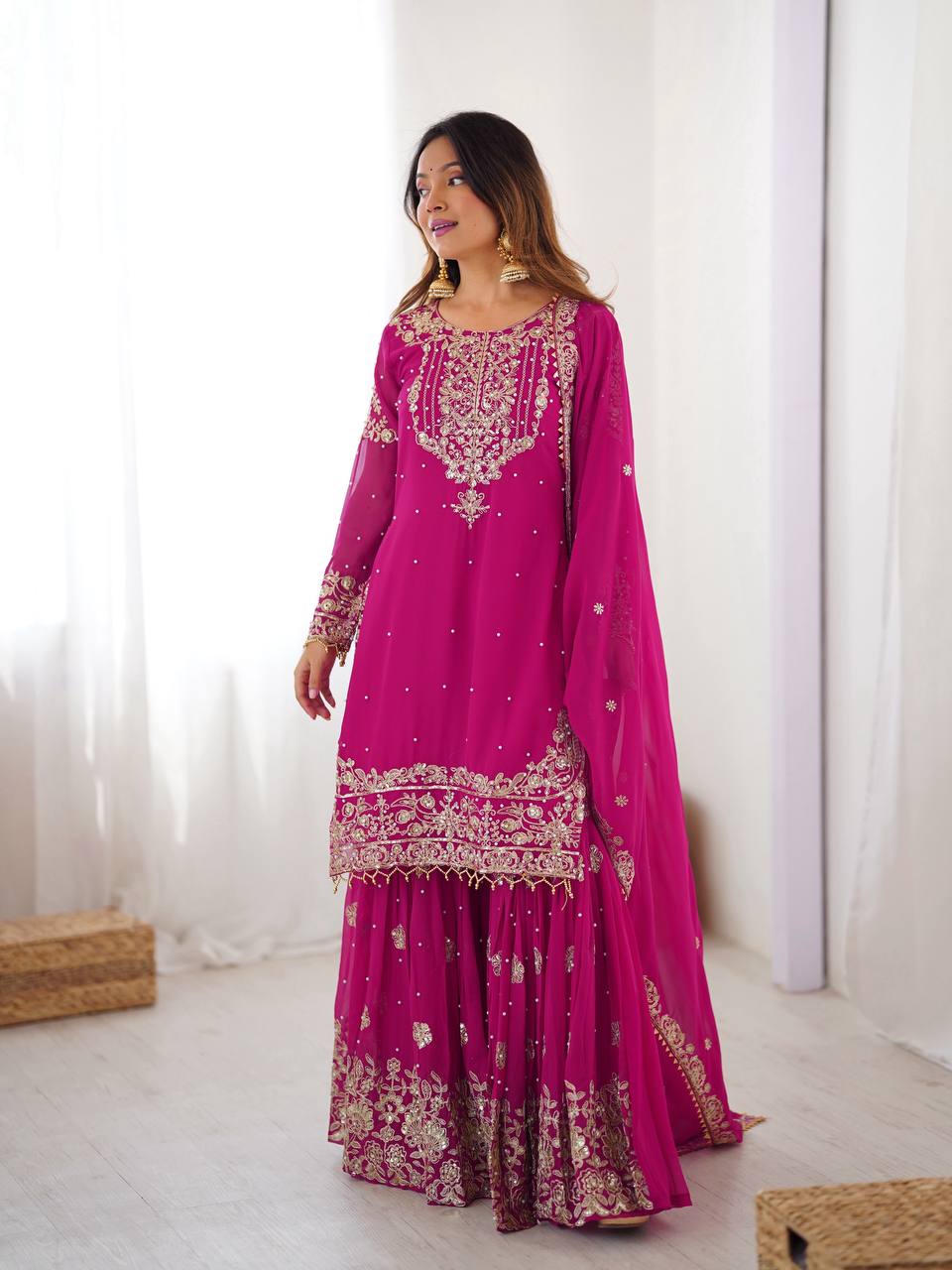 Arti Chauhan's Pink Color Embroidery Work Sharara Suit