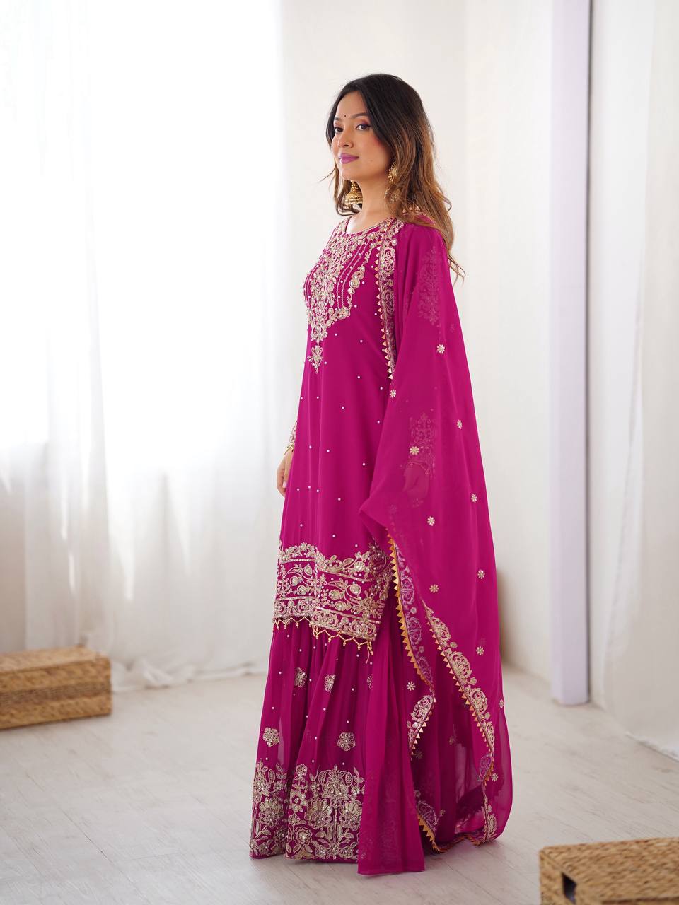 Arti Chauhan's Pink Color Embroidery Work Sharara Suit