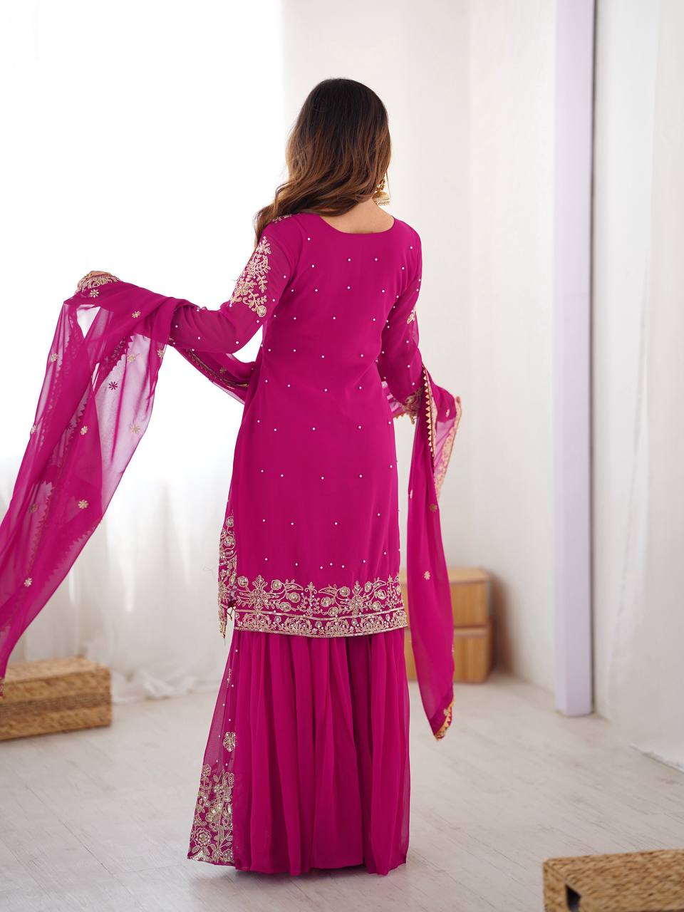 Arti Chauhan's Pink Color Embroidery Work Sharara Suit
