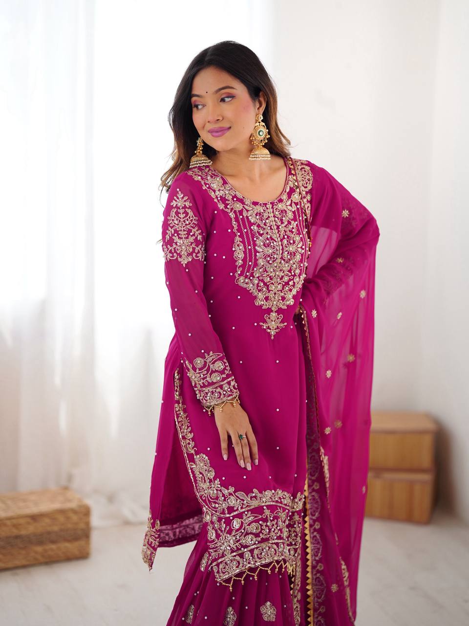 Arti Chauhan's Pink Color Embroidery Work Sharara Suit
