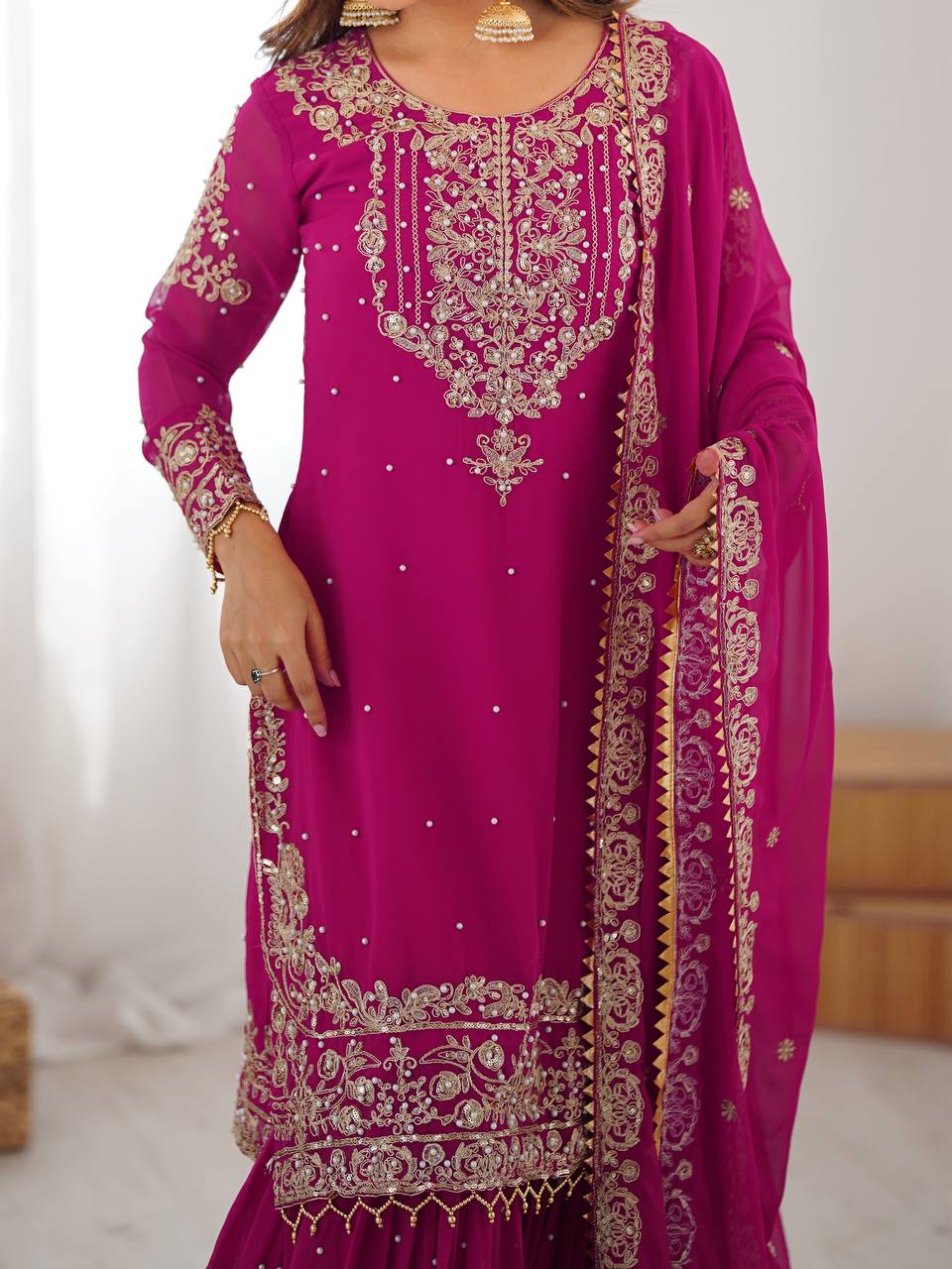 Arti Chauhan's Pink Color Embroidery Work Sharara Suit