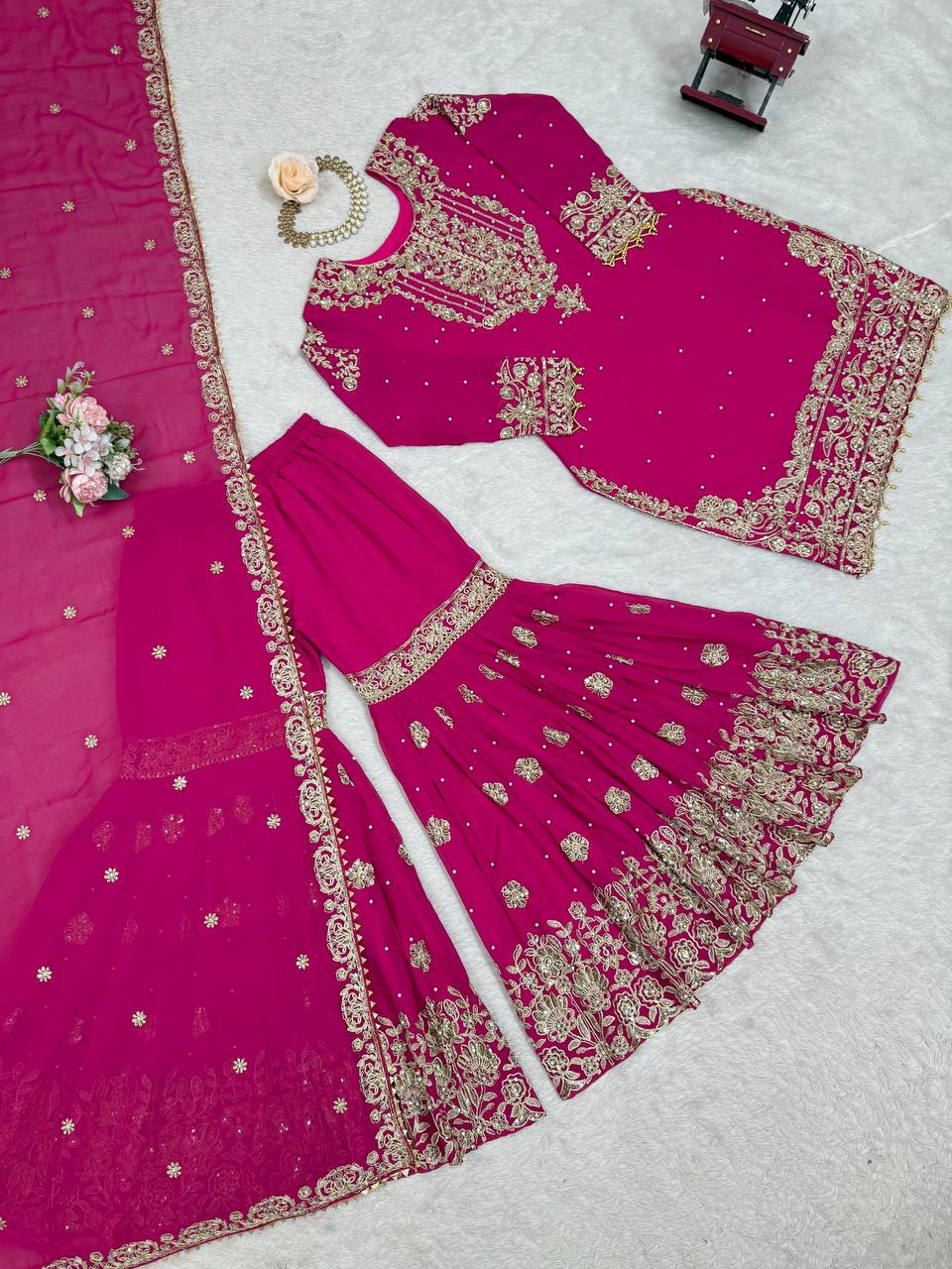 Arti Chauhan's Pink Color Embroidery Work Sharara Suit