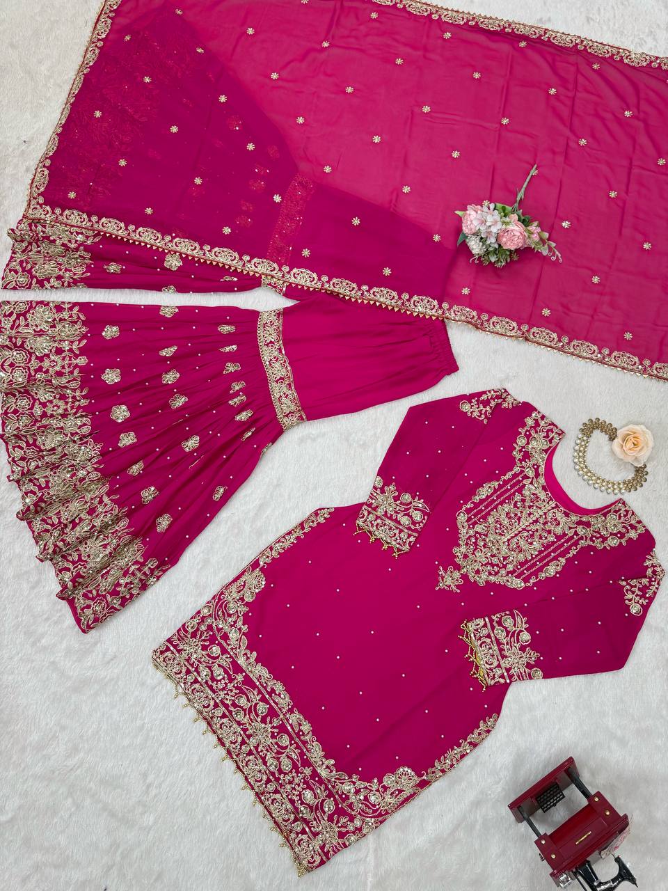 Arti Chauhan's Pink Color Embroidery Work Sharara Suit