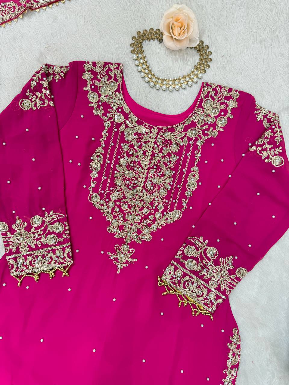Arti Chauhan's Pink Color Embroidery Work Sharara Suit
