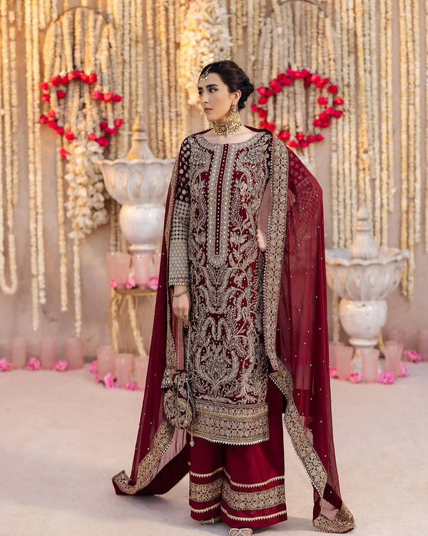 Wedding Wear Maroon Color Georgette Designer Palazzo Suit Set