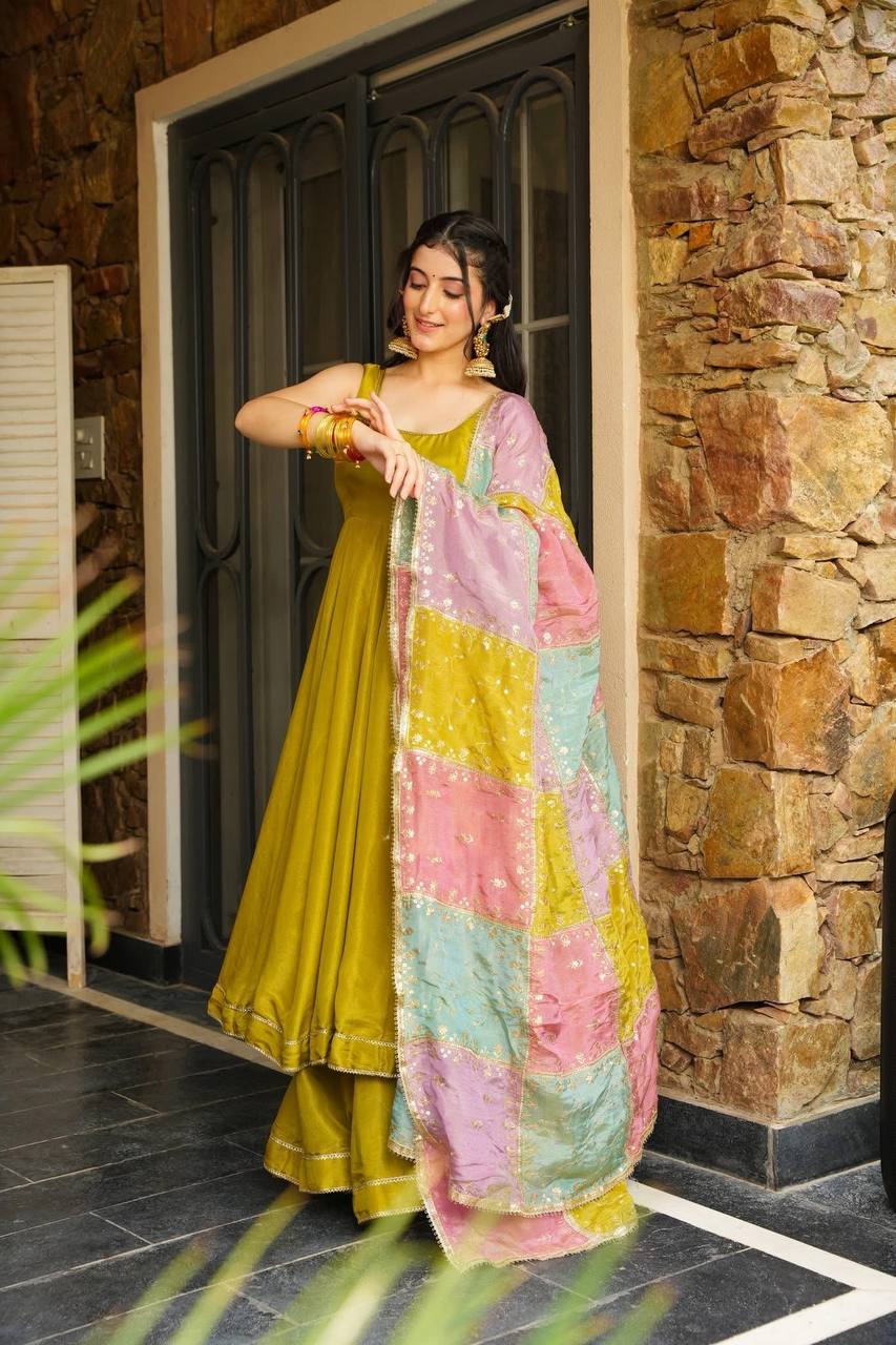 Elegant Mustard Color Chinon Silk Anarkali Set