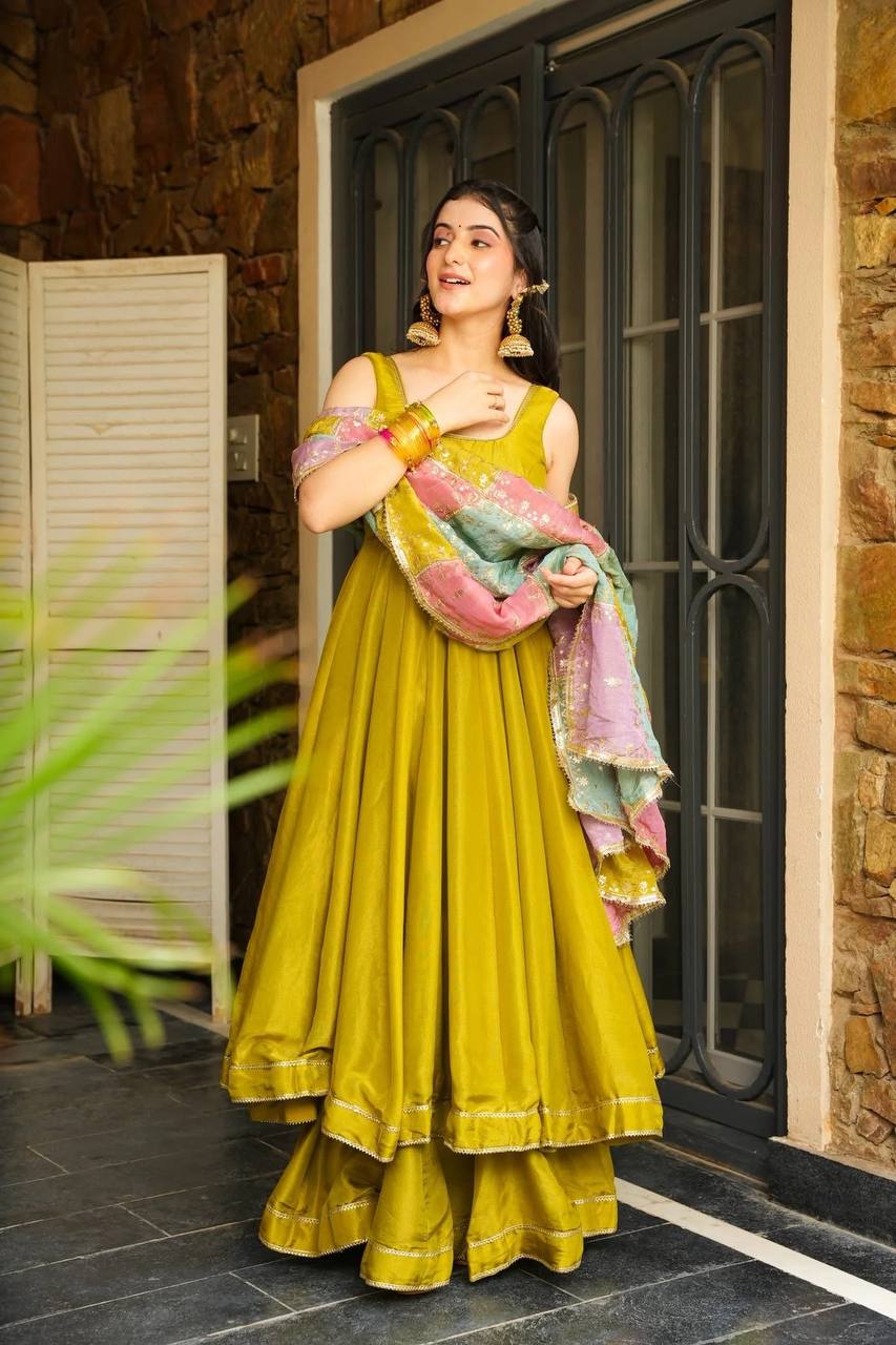 Elegant Mustard Color Chinon Silk Anarkali Set