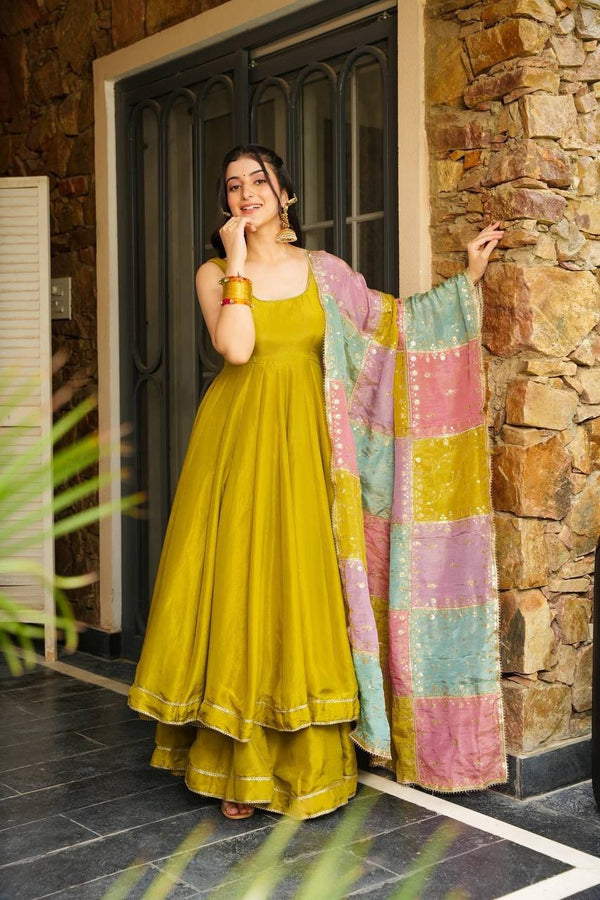 Elegant Mustard Color Chinon Silk Anarkali Set