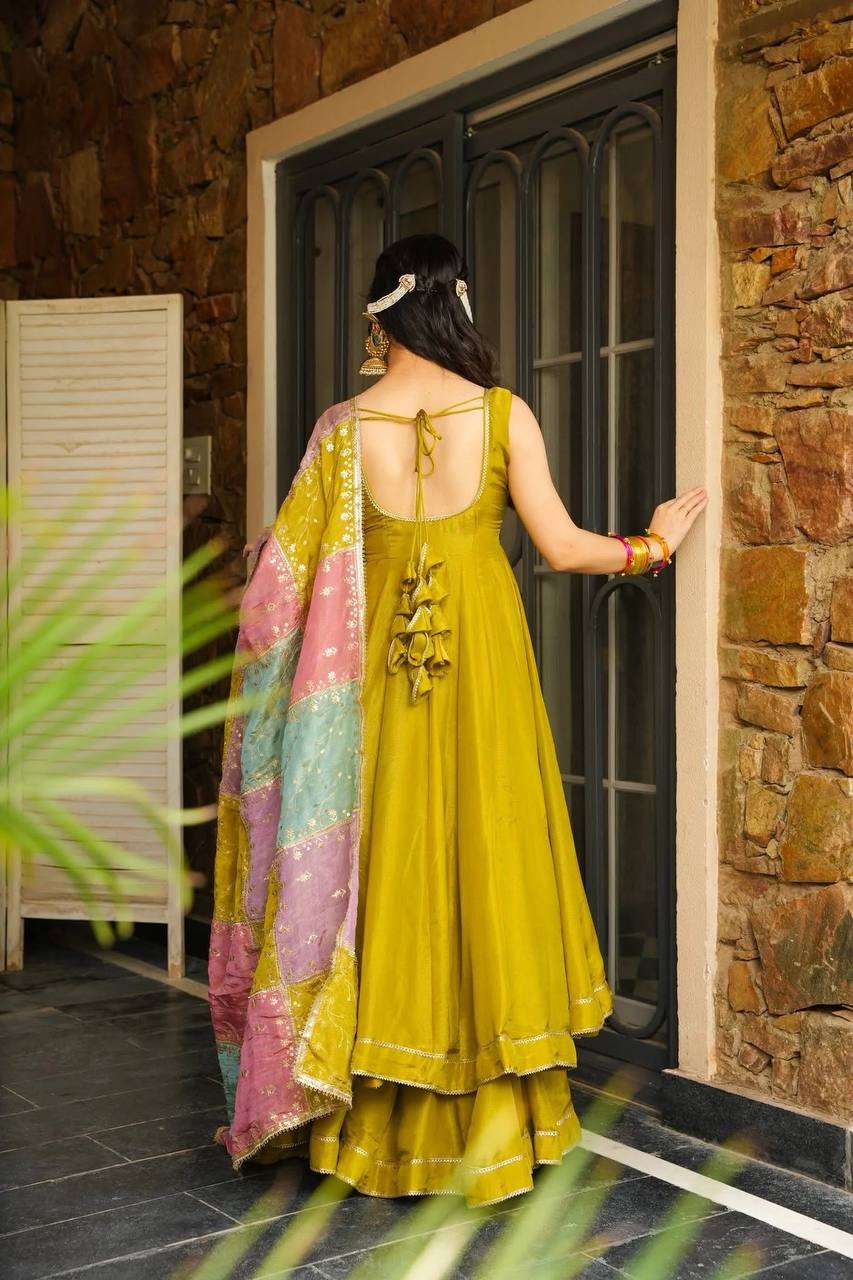 Elegant Mustard Color Chinon Silk Anarkali Set