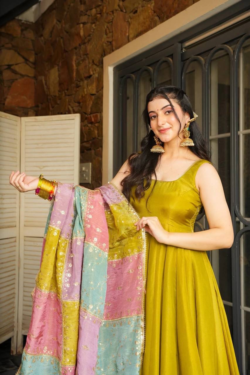 Elegant Mustard Color Chinon Silk Anarkali Set