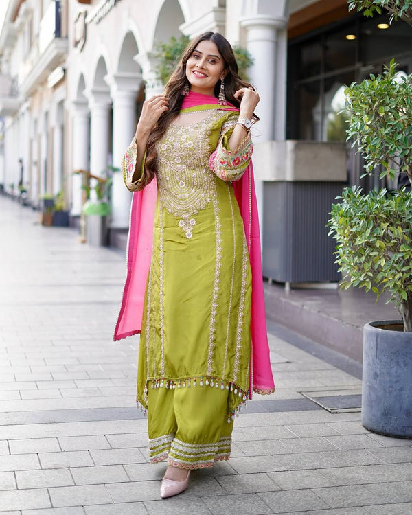 Embellished Green Color Heavy Vichitra Silk Embroidery Sequences With Real Mirror Work Palazzo Suit