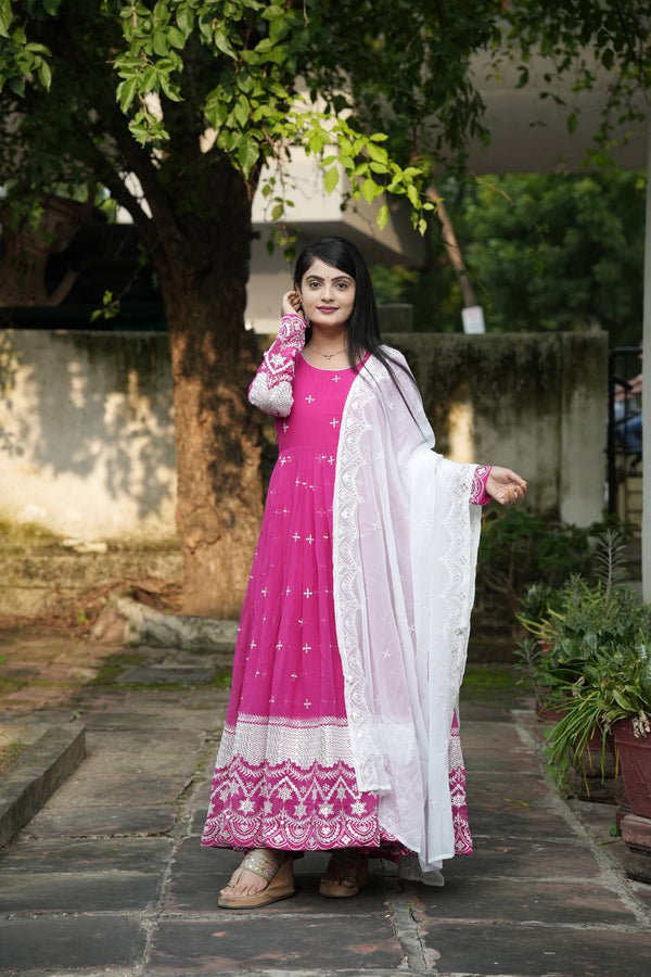 Ravishing Pink Color Faux Blooming With Heavy Sequins And Thread Embroidered Work Gown