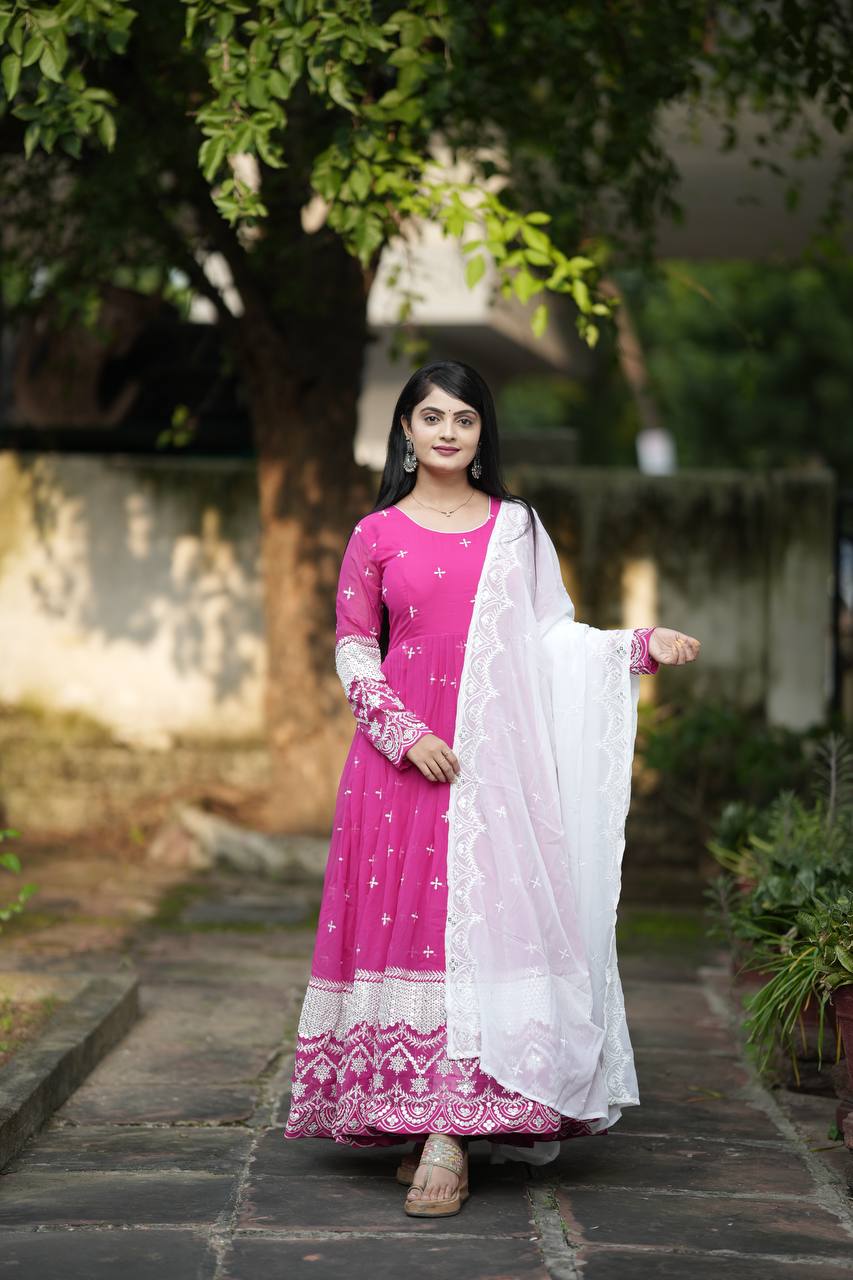Ravishing Pink Color Faux Blooming With Heavy Sequins And Thread Embroidered Work Gown