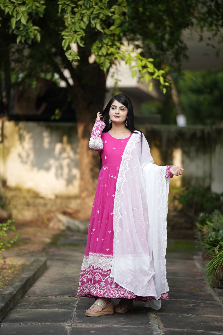 Ravishing Pink Color Faux Blooming With Heavy Sequins And Thread Embroidered Work Gown