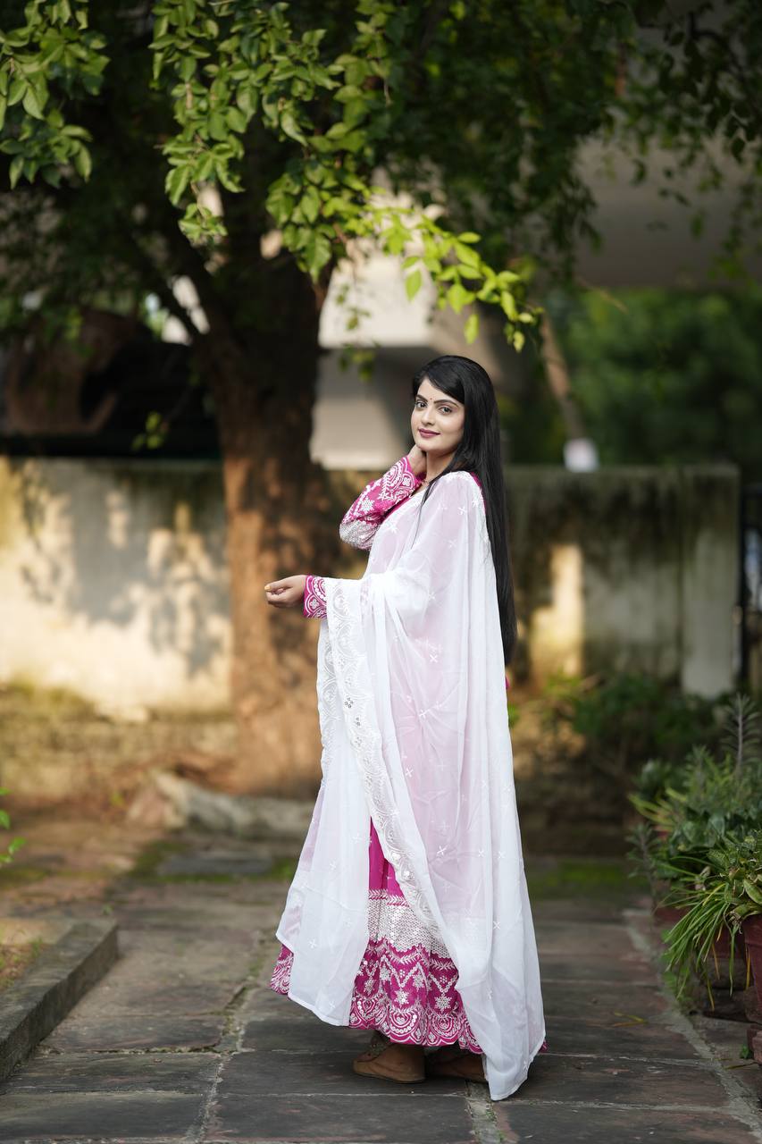 Ravishing Pink Color Faux Blooming With Heavy Sequins And Thread Embroidered Work Gown
