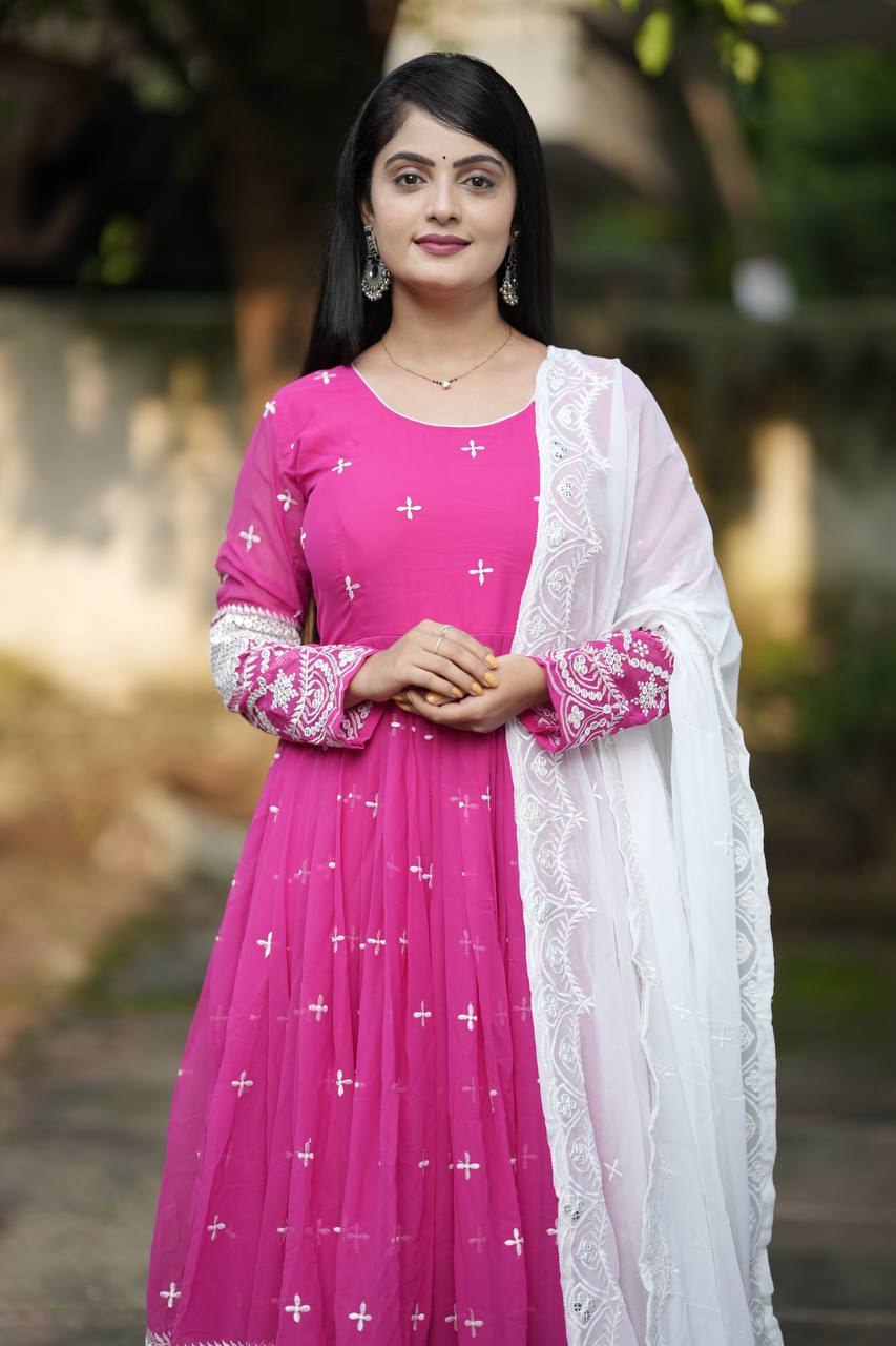 Ravishing Pink Color Faux Blooming With Heavy Sequins And Thread Embroidered Work Gown