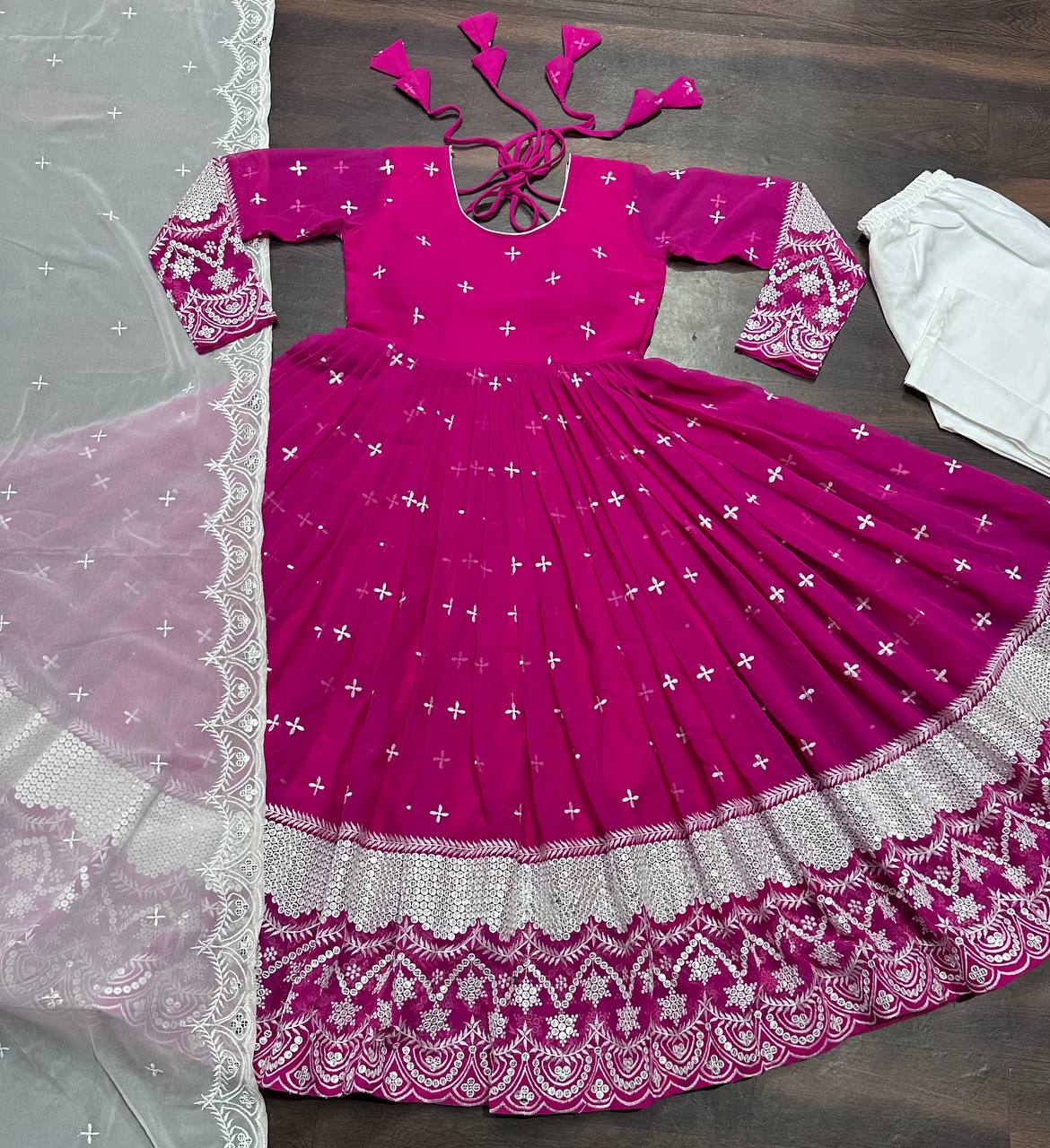 Ravishing Pink Color Faux Blooming With Heavy Sequins And Thread Embroidered Work Gown