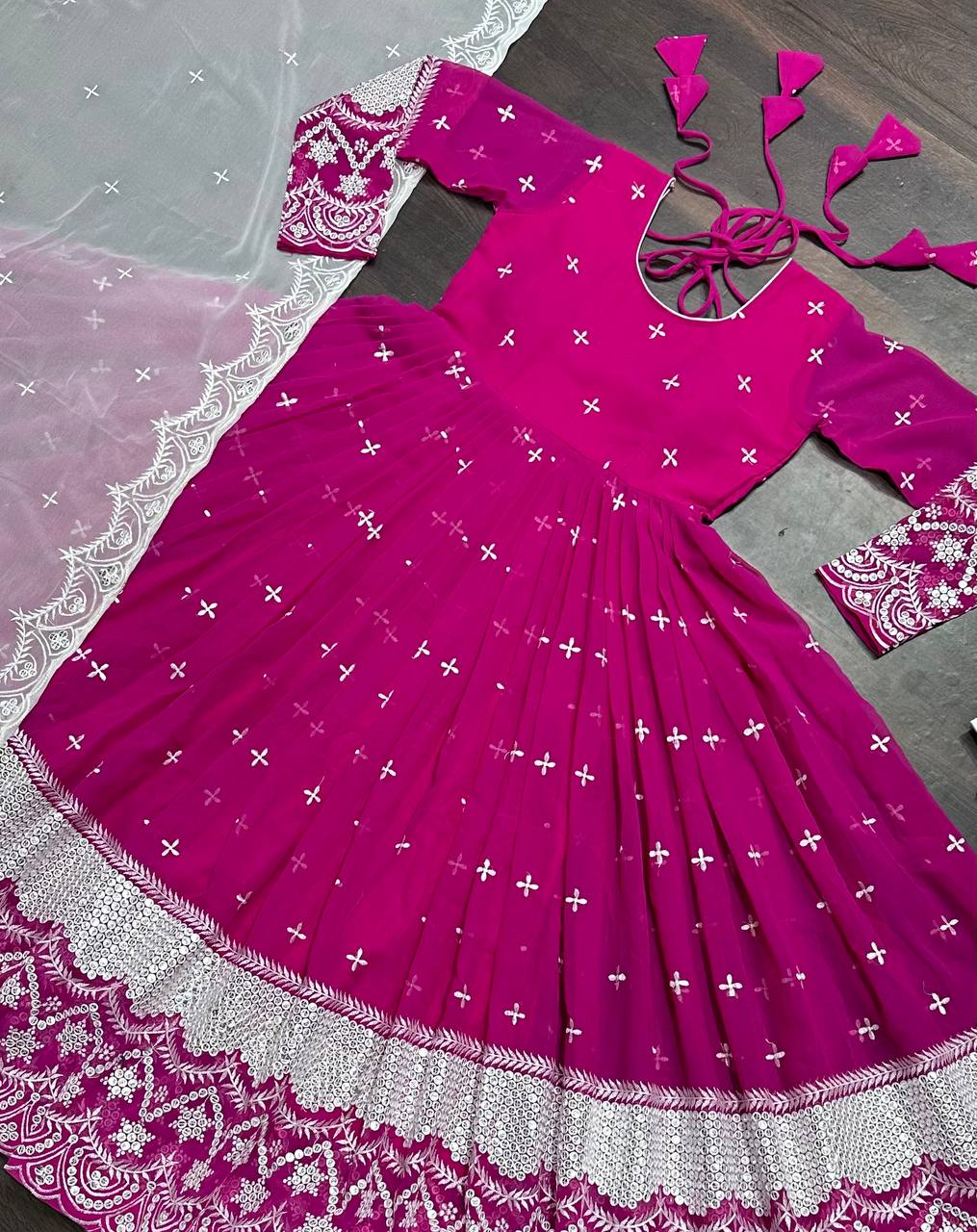 Ravishing Pink Color Faux Blooming With Heavy Sequins And Thread Embroidered Work Gown