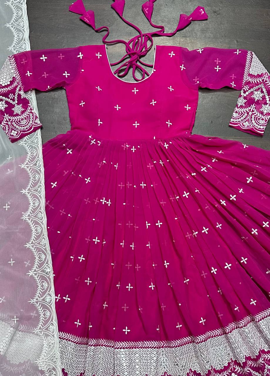 Ravishing Pink Color Faux Blooming With Heavy Sequins And Thread Embroidered Work Gown