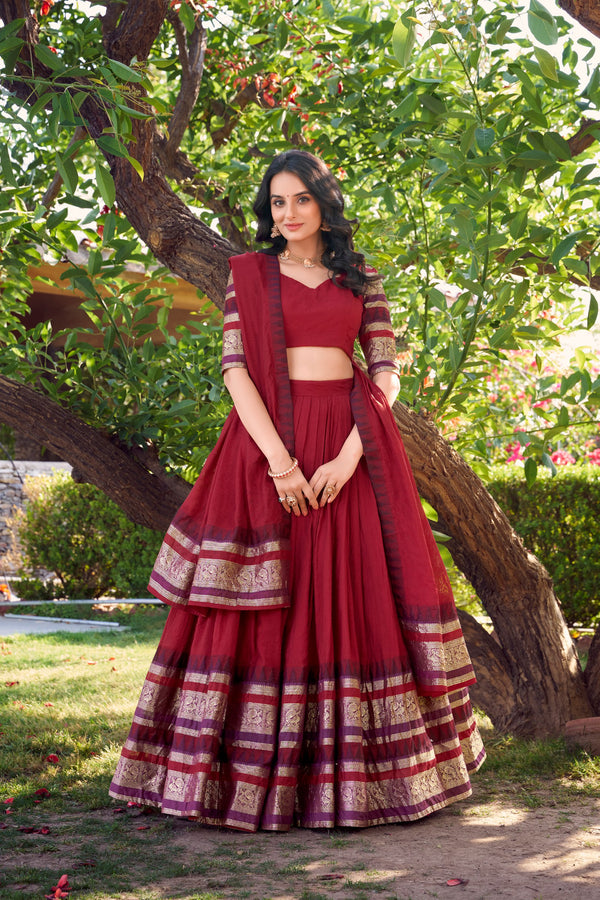 Latest Maroon Color Pure Chanderi Plain With Zari Weaving Work Border Lehenga Choli