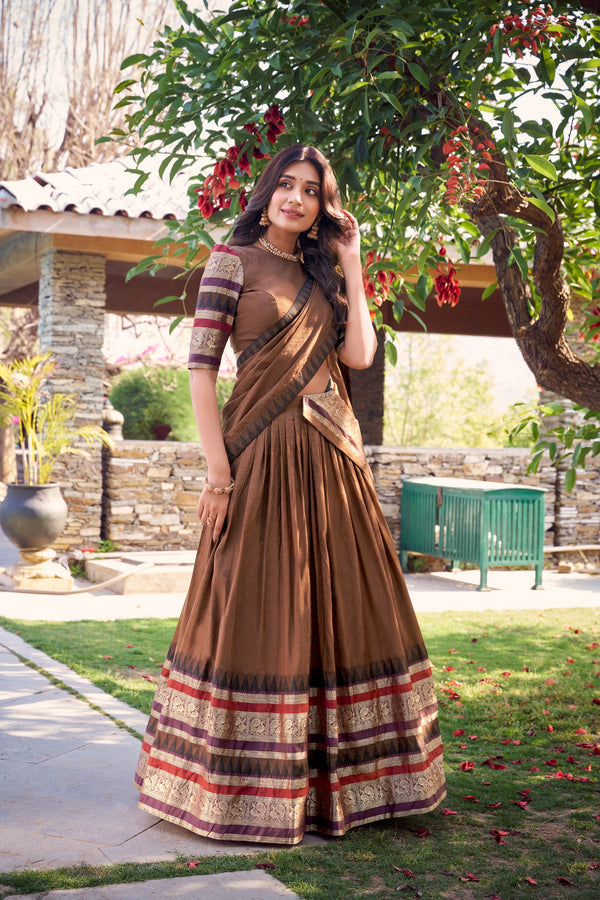Latest Brown Color Pure Chanderi Plain With Zari Weaving Work Border Lehenga Choli