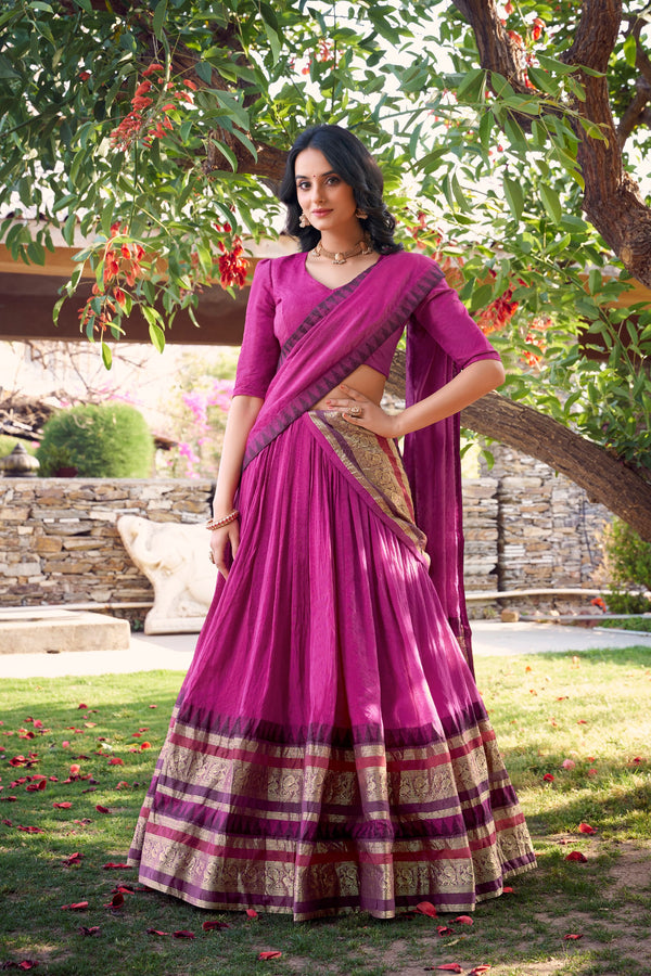 Latest Pink Color Pure Chanderi Plain With Zari Weaving Work Border Lehenga Choli