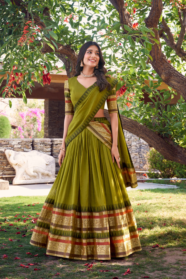 Latest Green Color Pure Chanderi Plain With Zari Weaving Work Border Lehenga Choli