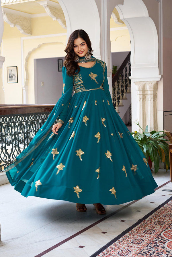 Wedding Wear Teal Color Georgette Thread Work Anarkali Gown