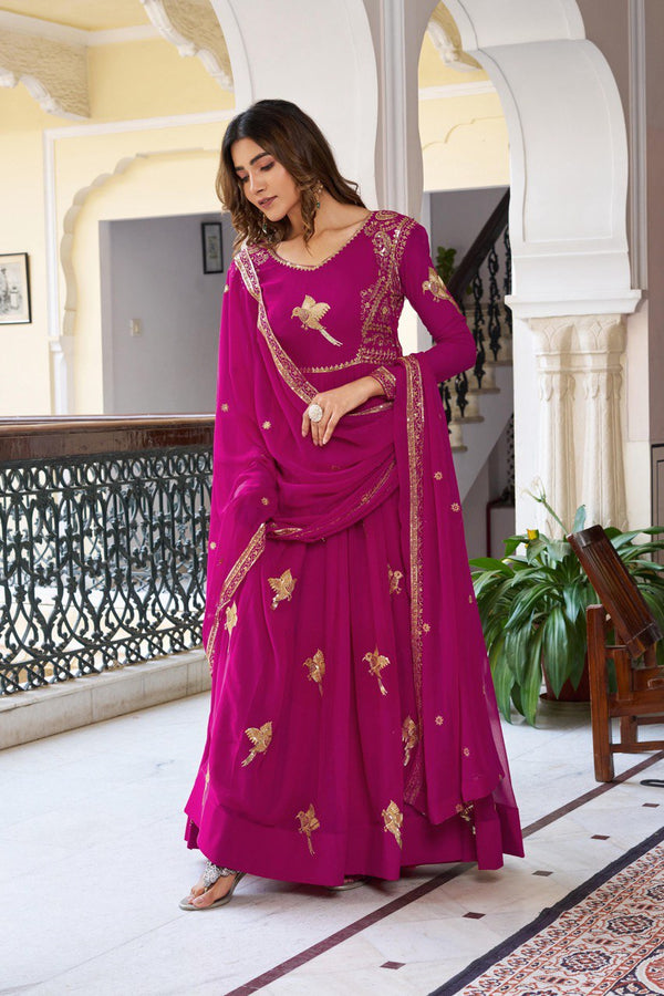 Wedding Wear Pink Color Georgette Thread Work Anarkali Gown