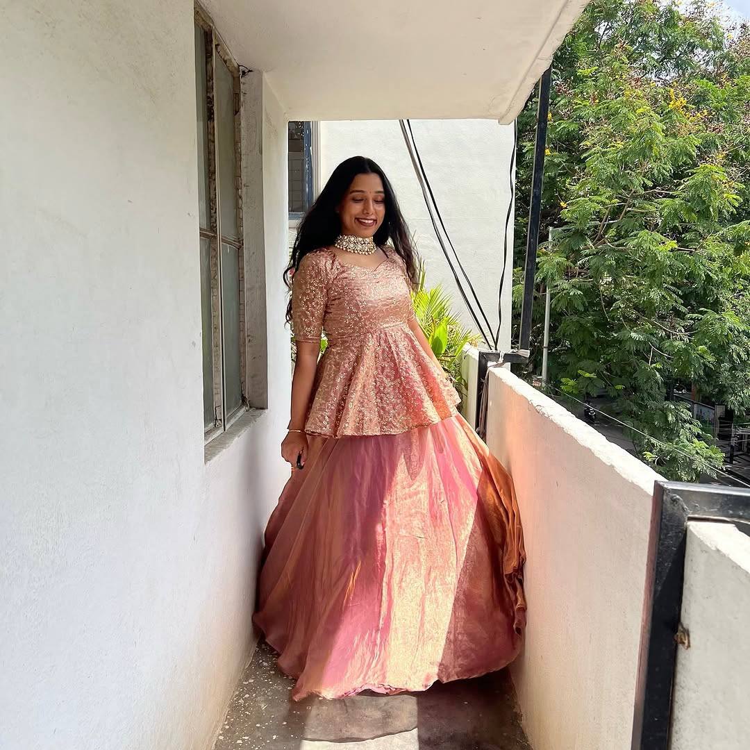 Peach Color Silk Party Wear Top And Lehenga Set