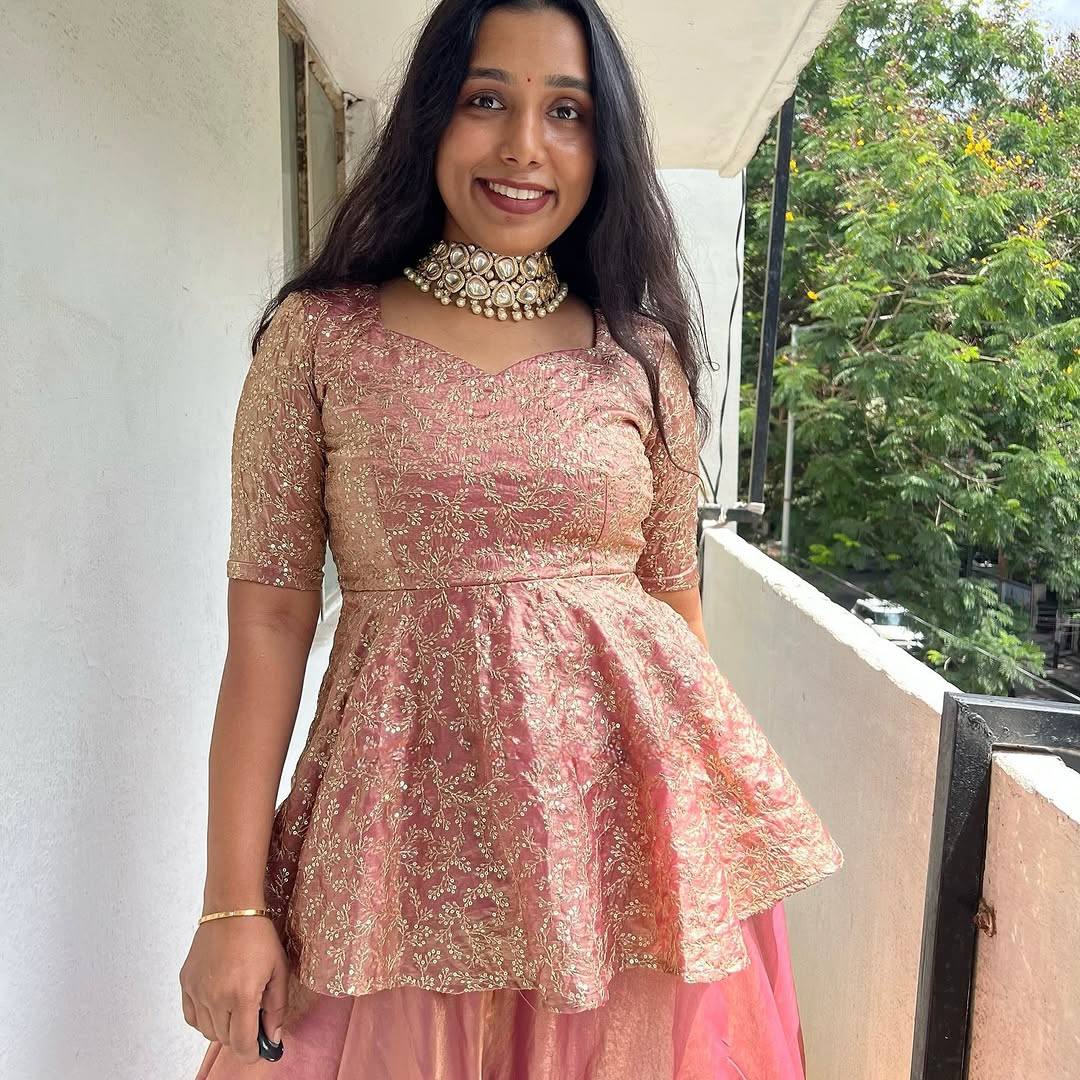Peach Color Silk Party Wear Top And Lehenga Set