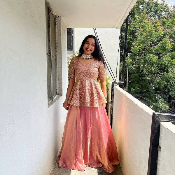 Peach Color Silk Party Wear Top And Lehenga Set
