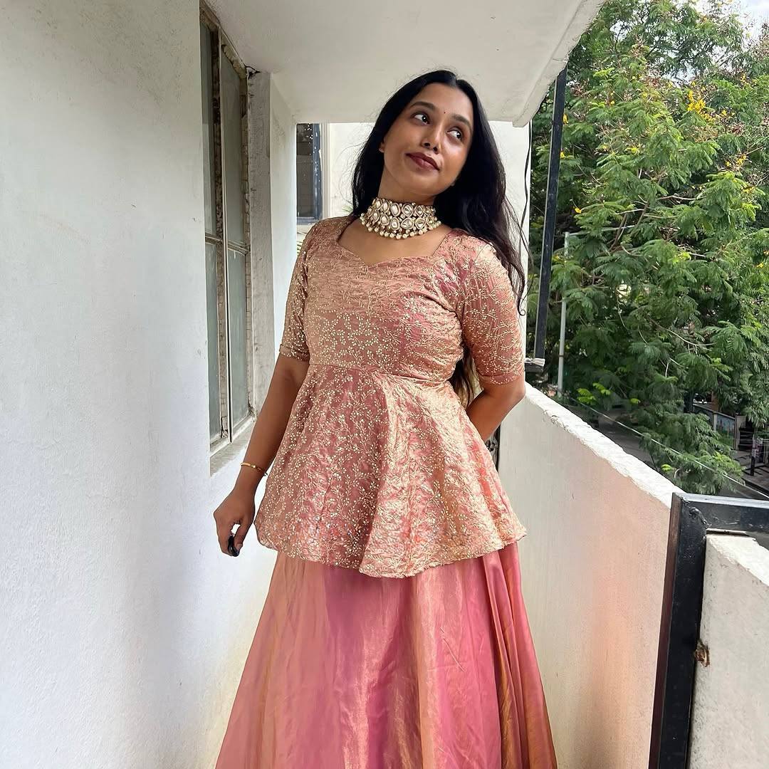 Peach Color Silk Party Wear Top And Lehenga Set