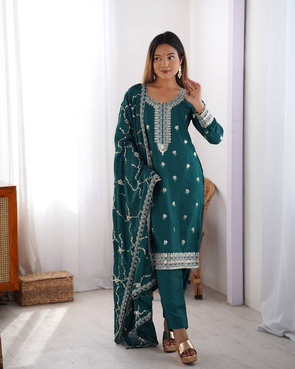 Function Wear Teal Color Chinon Silk And Sequence Work Beautiful Salwar Suit
