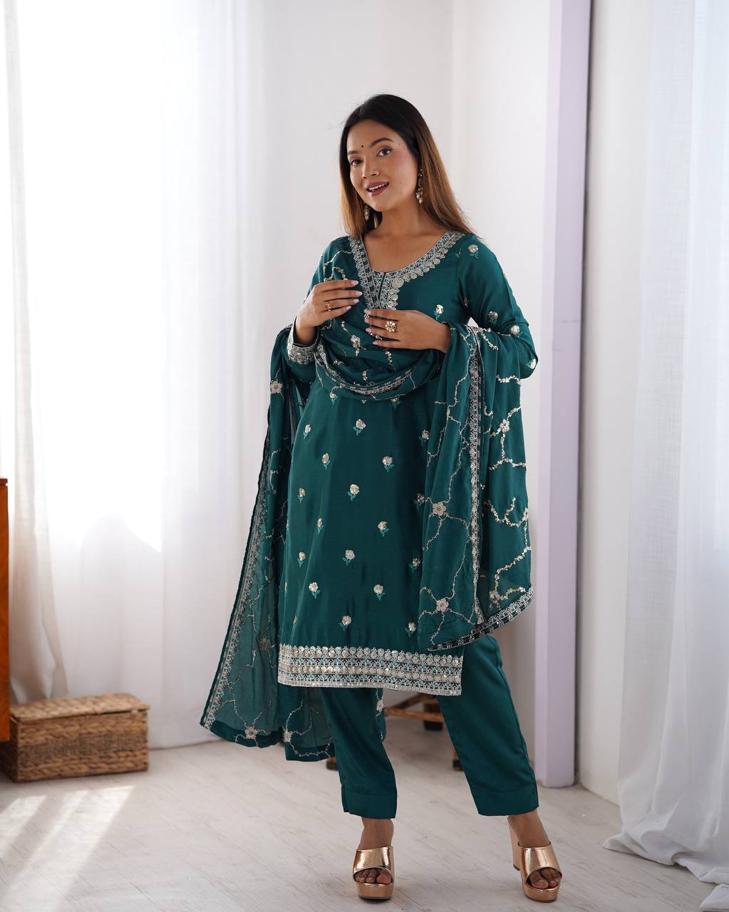 Function Wear Teal Color Chinon Silk And Sequence Work Beautiful Salwar Suit