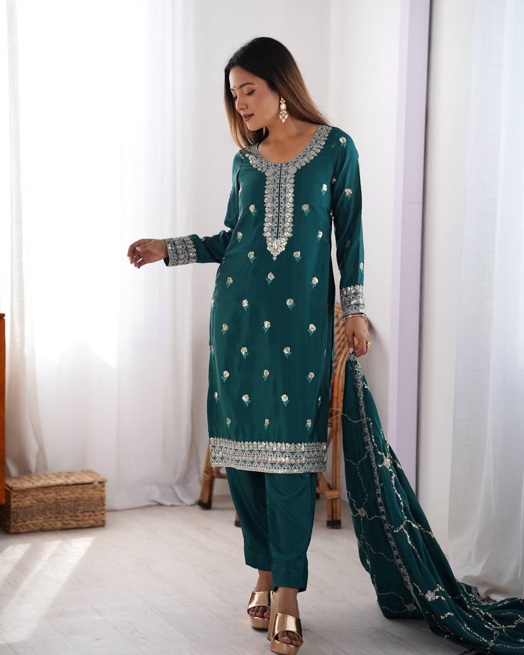 Function Wear Teal Color Chinon Silk And Sequence Work Beautiful Salwar Suit