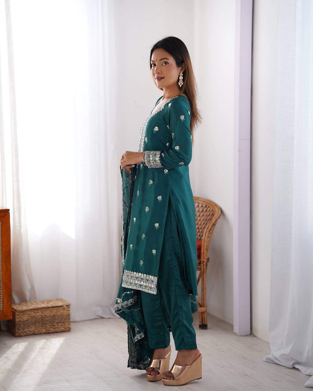 Function Wear Teal Color Chinon Silk And Sequence Work Beautiful Salwar Suit